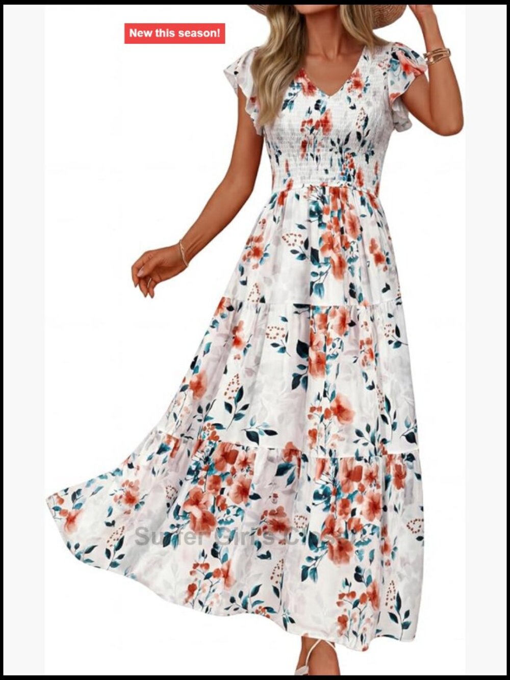 Flutter Sleeve Smocked Midi Dress V-Neck A-Line Ruffle - Picture 1 of 7